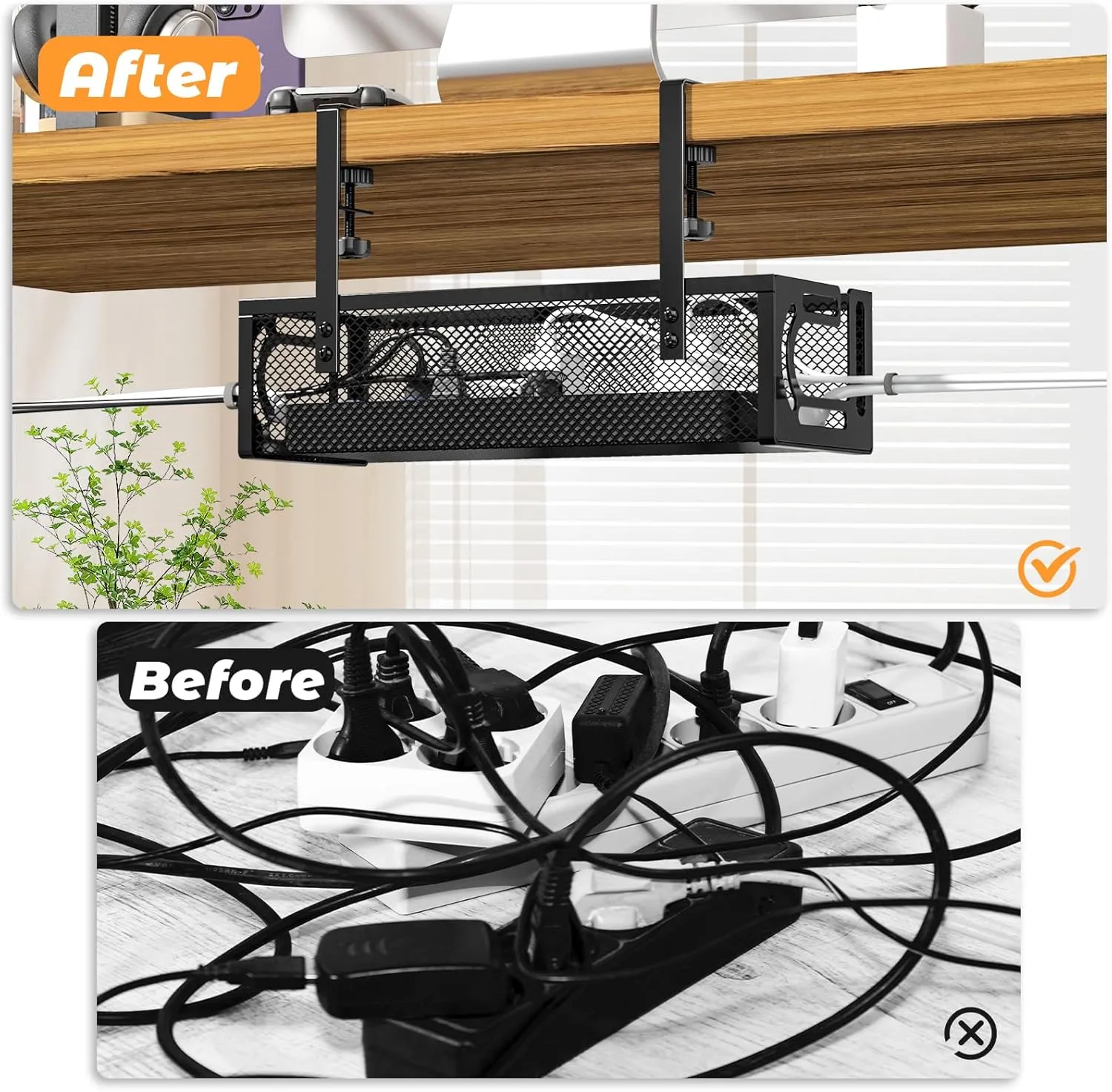 2 Pack Under Desk Cable Management Tray - Cable Organizer & Cord Raceway for Office & Home - No Drill Installation