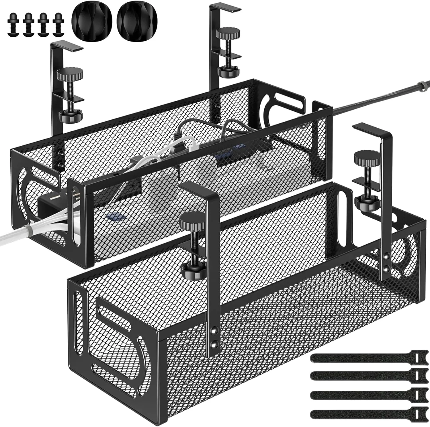 2 Pack Under Desk Cable Management Tray - Cable Organizer & Cord Raceway for Office & Home - No Drill Installation