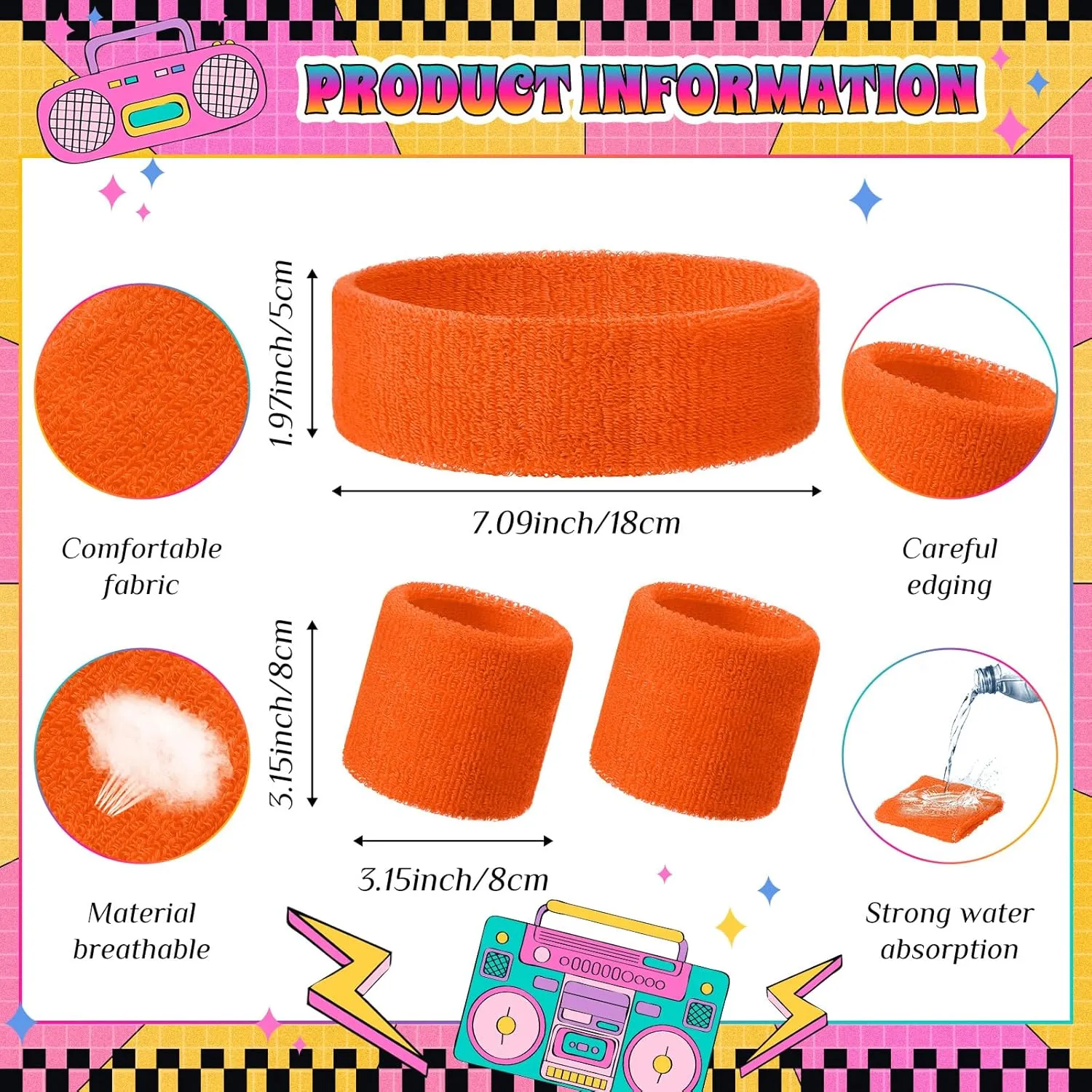 3 Pack Neon Sweatbands Sports Wristband and Headband 80s Sweatbands for Party Football Basketball Baseball Soccer