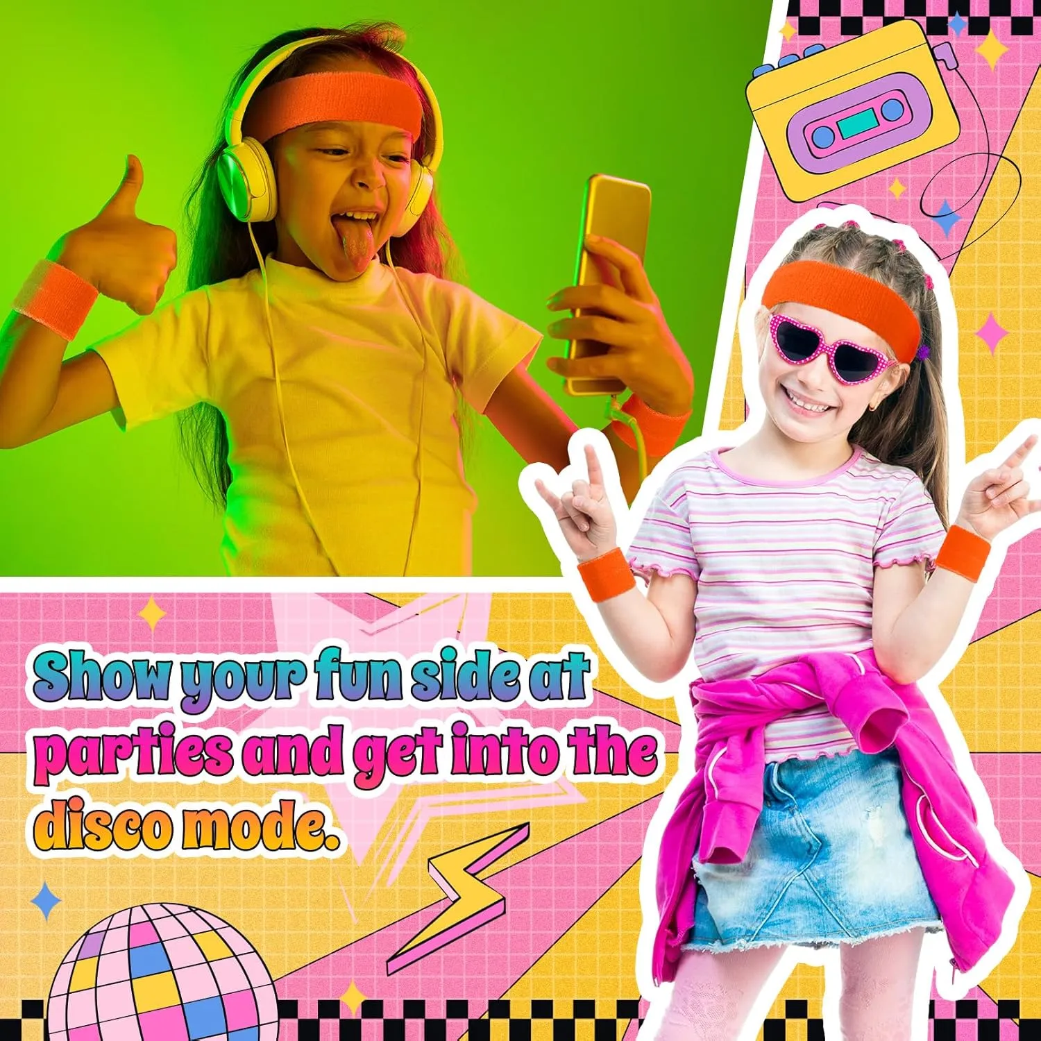 3 Pack Neon Sweatbands Sports Wristband and Headband 80s Sweatbands for Party Football Basketball Baseball Soccer