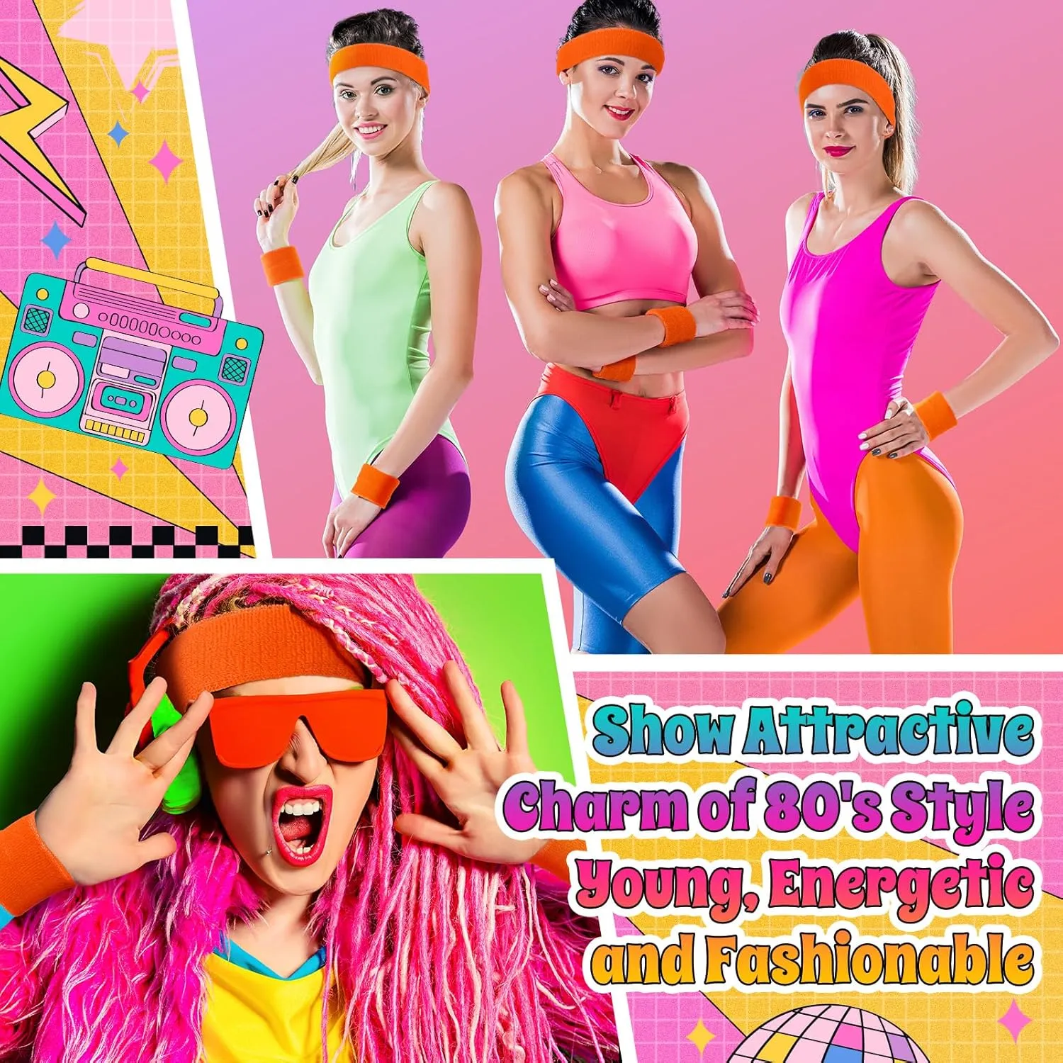 3 Pack Neon Sweatbands Sports Wristband and Headband 80s Sweatbands for Party Football Basketball Baseball Soccer
