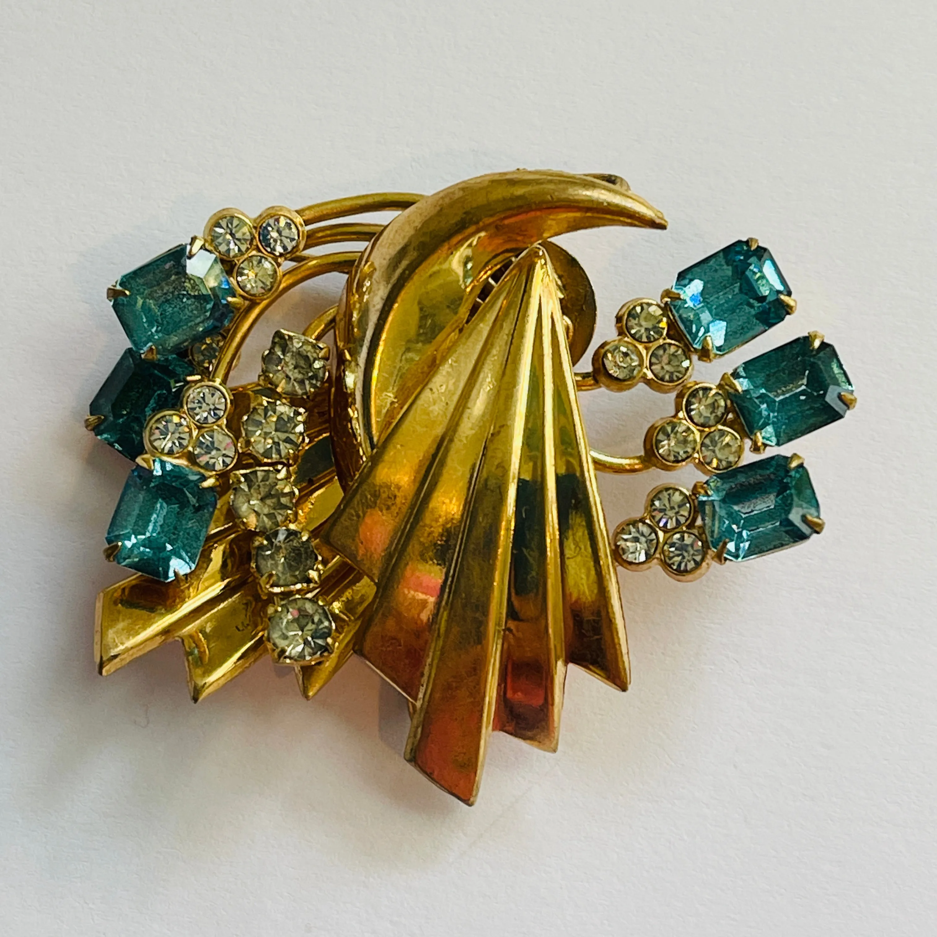 Aqua & Clear Rhinestone Vintage Pendant Brooch
