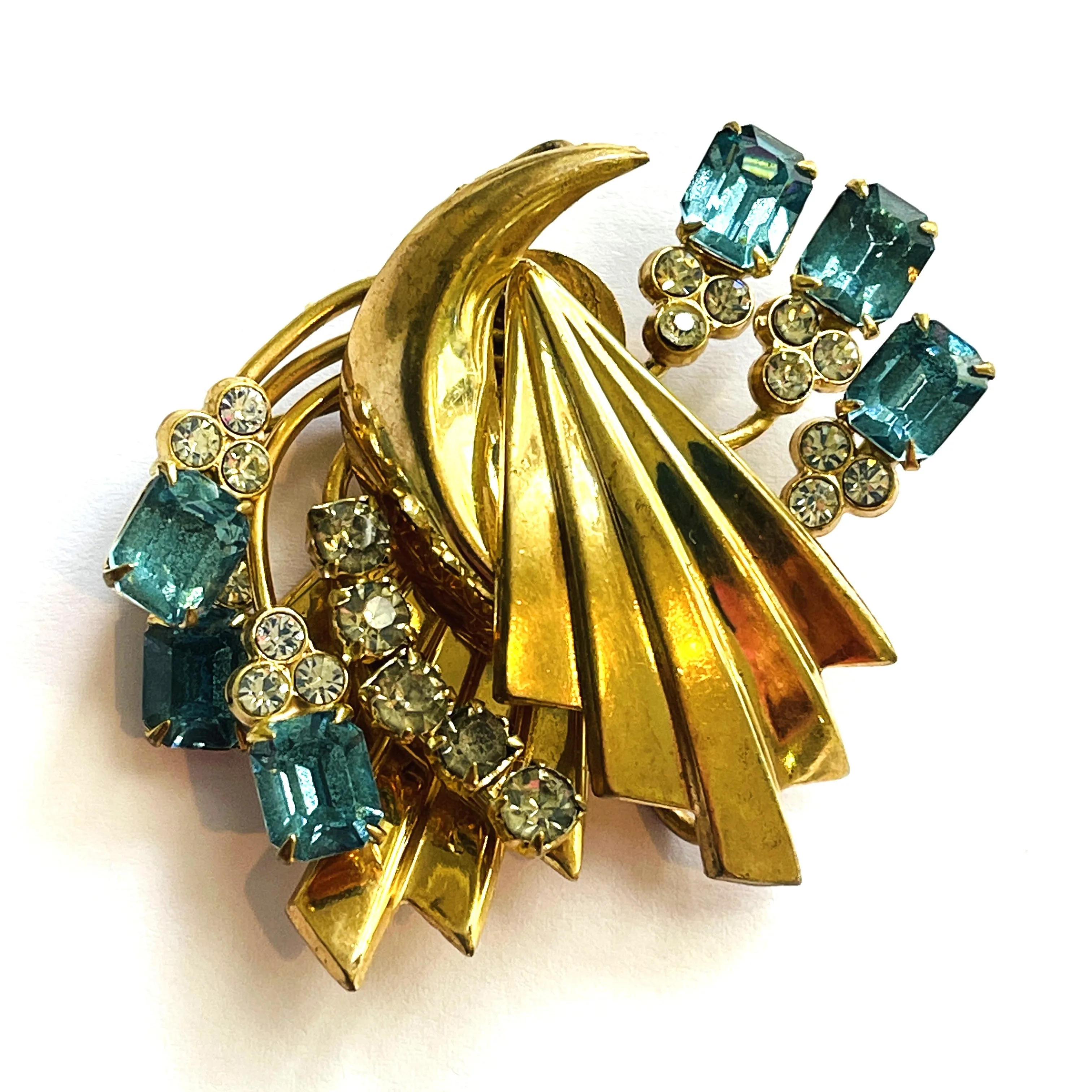 Aqua & Clear Rhinestone Vintage Pendant Brooch