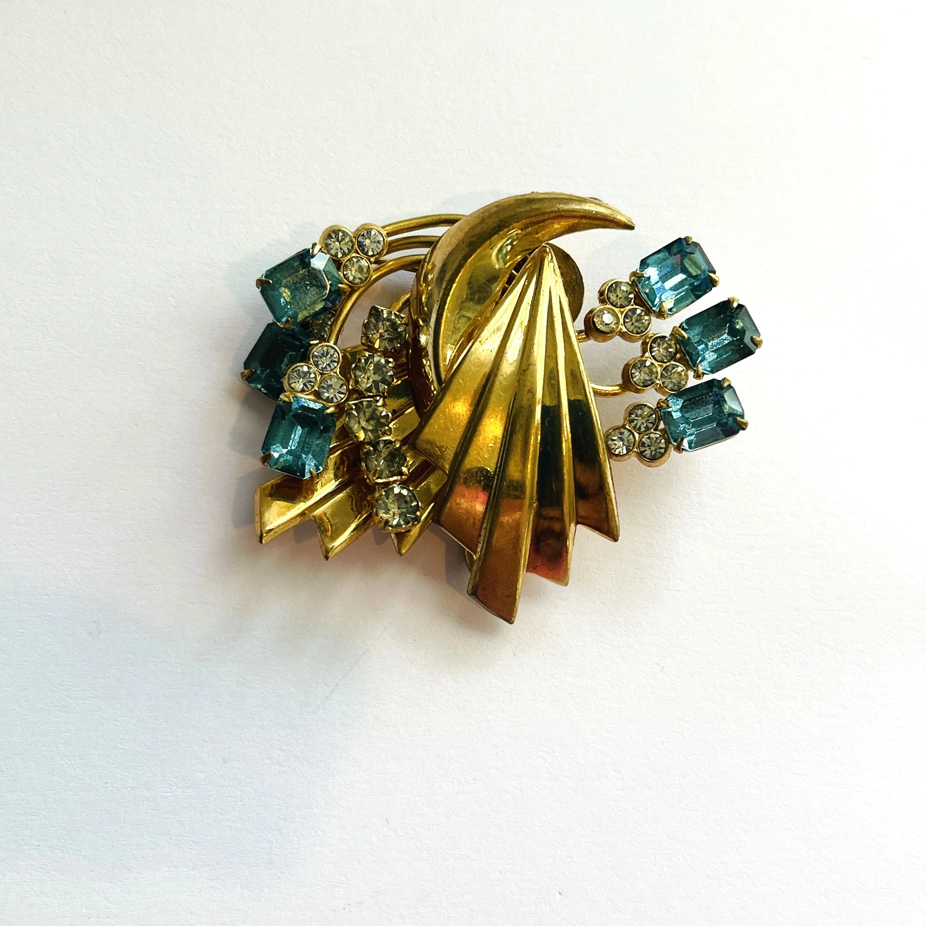 Aqua & Clear Rhinestone Vintage Pendant Brooch
