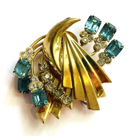 Aqua & Clear Rhinestone Vintage Pendant Brooch