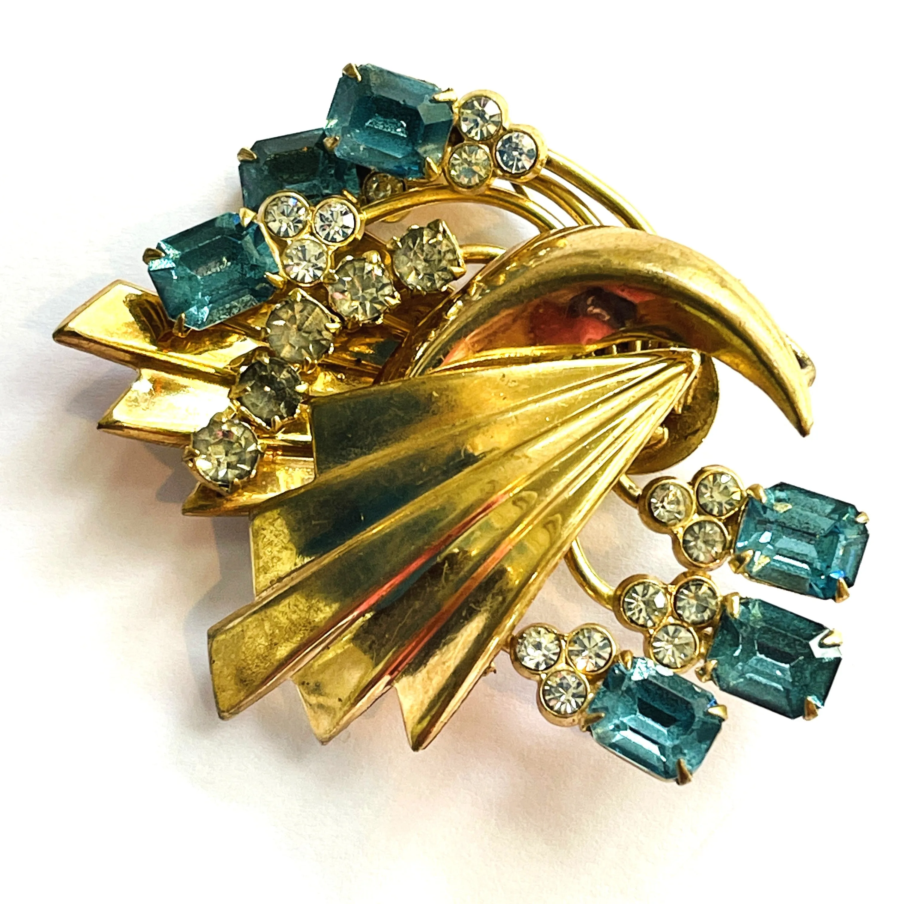 Aqua & Clear Rhinestone Vintage Pendant Brooch
