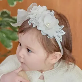 Baby Girl Headband Floral White Lace Baptism Christening Hairband Elastics Soft Head Wrap for Toddlers Hair Accessories for Infants Kids Shower Birthday Wedding Party (Style 12)