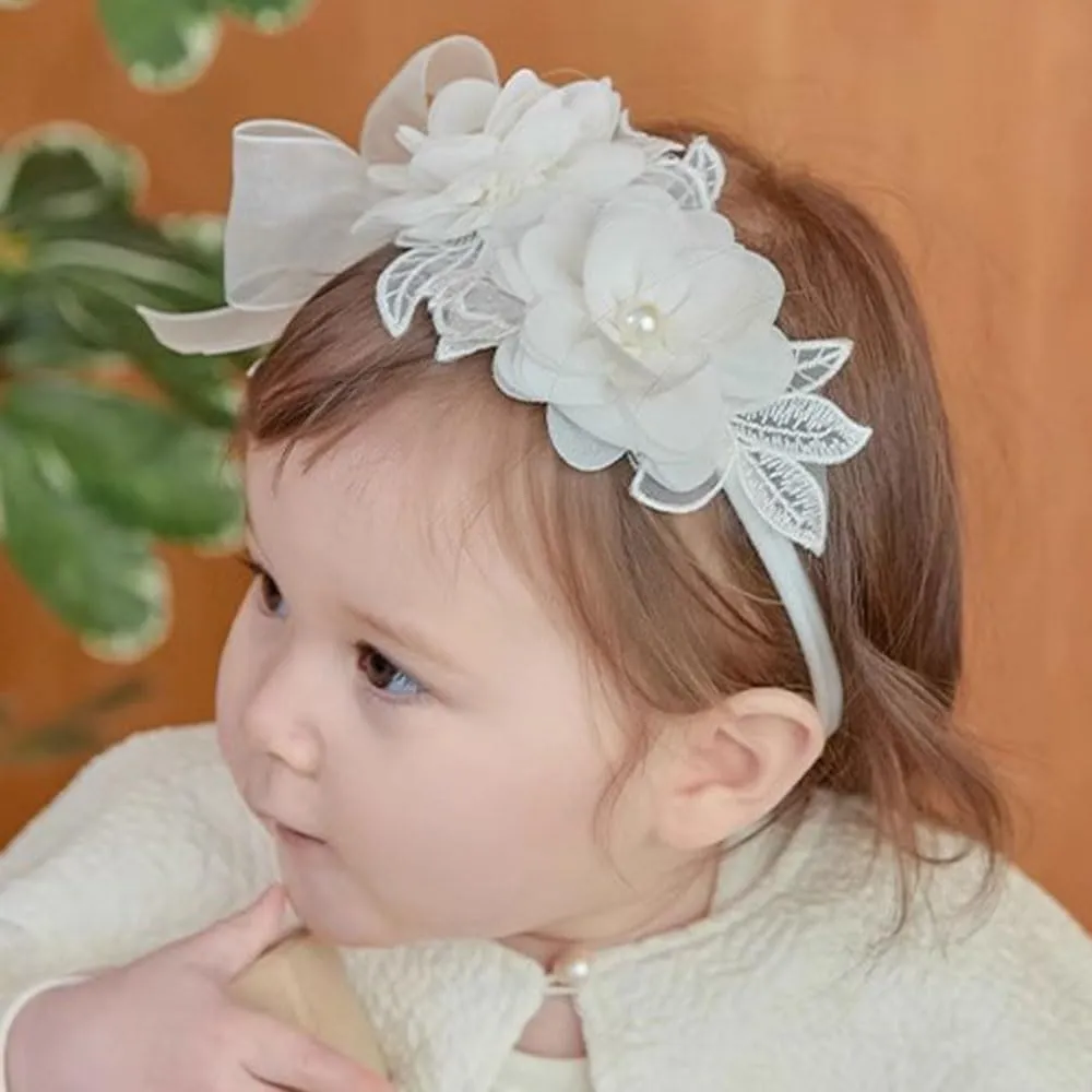 Baby Girl Headband Floral White Lace Baptism Christening Hairband Elastics Soft Head Wrap for Toddlers Hair Accessories for Infants Kids Shower Birthday Wedding Party (Style 12)