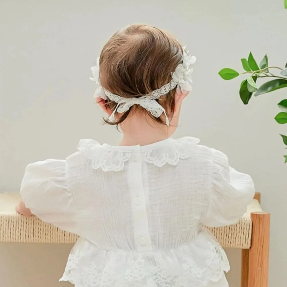 Baby Girl Headband Floral White Lace Baptism Christening Hairband Elastics Soft Head Wrap for Toddlers Hair Accessories for Infants Kids Shower Birthday Wedding Party (Style 13)