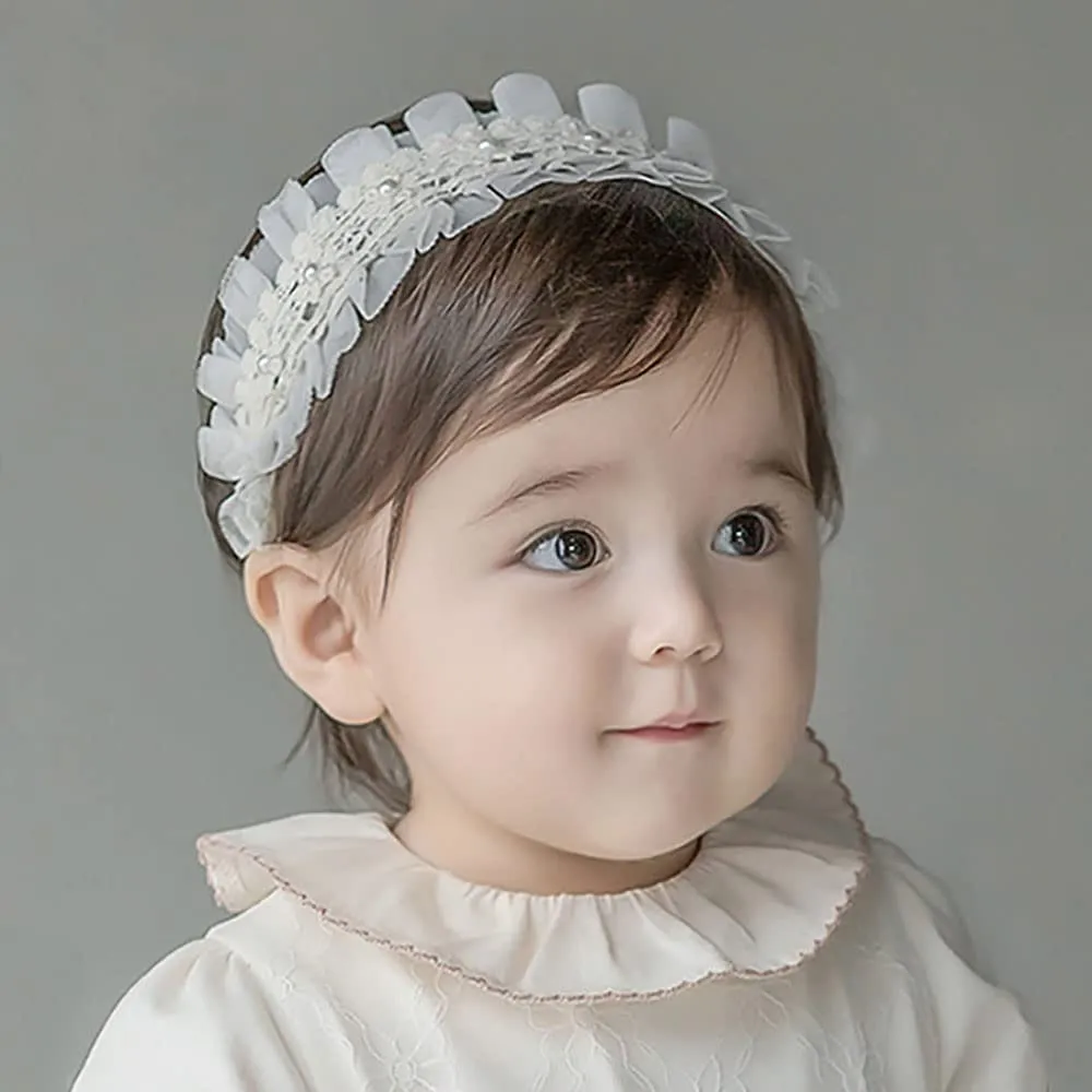 Baby Girl Headband Floral White Lace Baptism Christening Hairband Elastics Soft Head Wrap for Toddlers Hair Accessories for Infants Kids Shower Birthday Wedding Party (Style 1)