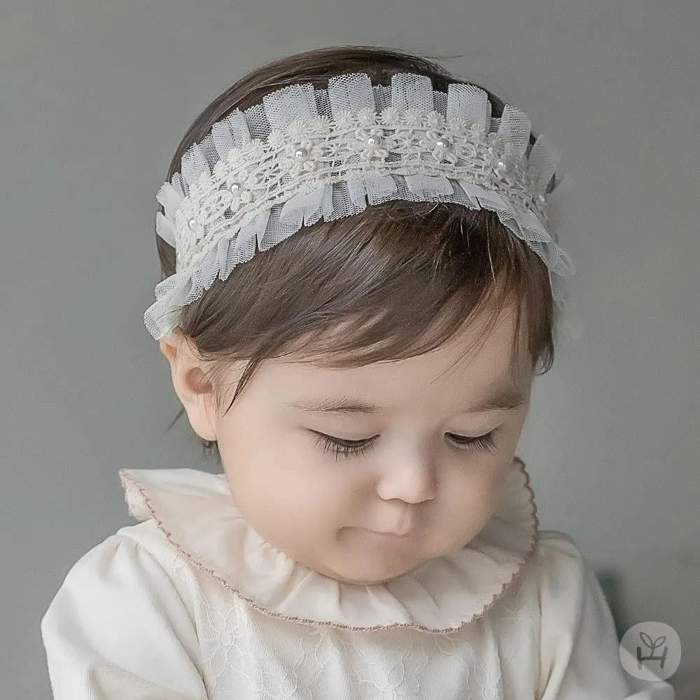 Baby Girl Headband Floral White Lace Baptism Christening Hairband Elastics Soft Head Wrap for Toddlers Hair Accessories for Infants Kids Shower Birthday Wedding Party (Style 1)