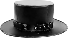 Black Leather Plague Doctor Hat - Vintage Flat Top Costume Dress Up Steampunk Halloween Top Hat