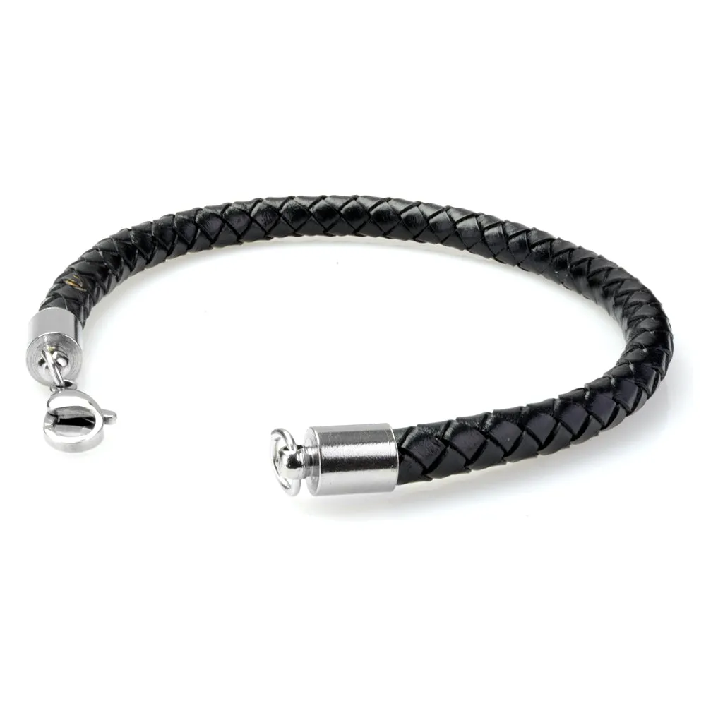 Braided Black Leather Mens Bracelet 6 MM 8.50 Inches with Lobster Stainless Steel Clasp