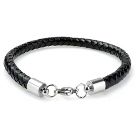 Braided Black Leather Mens Bracelet 6 MM 8.50 Inches with Lobster Stainless Steel Clasp