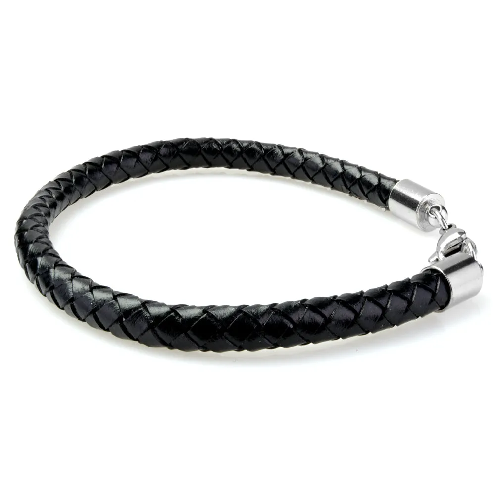 Braided Black Leather Mens Bracelet 6 MM 8.50 Inches with Lobster Stainless Steel Clasp