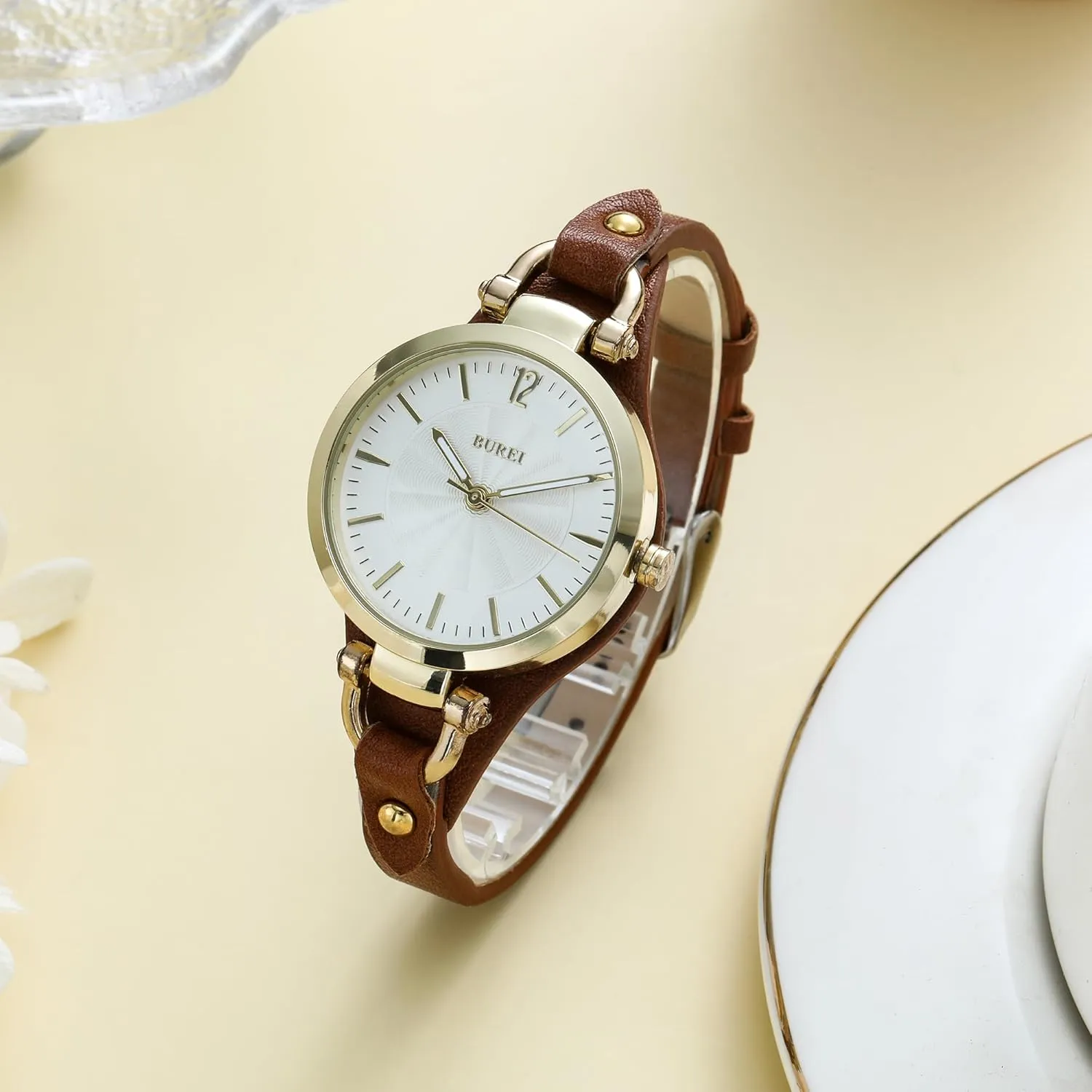 BUREI Women Watches Simple Leather Strap Quartz Watch Fashion Small Thin Ladies Watch Bracelet Band Wristwatch Relogio Feminino,Gift for Women(Brown and Black)