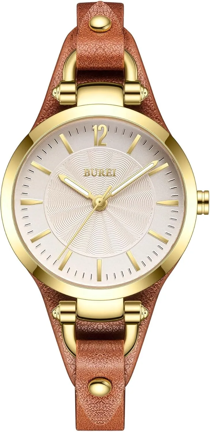 BUREI Women Watches Simple Leather Strap Quartz Watch Fashion Small Thin Ladies Watch Bracelet Band Wristwatch Relogio Feminino,Gift for Women(Brown and Black)