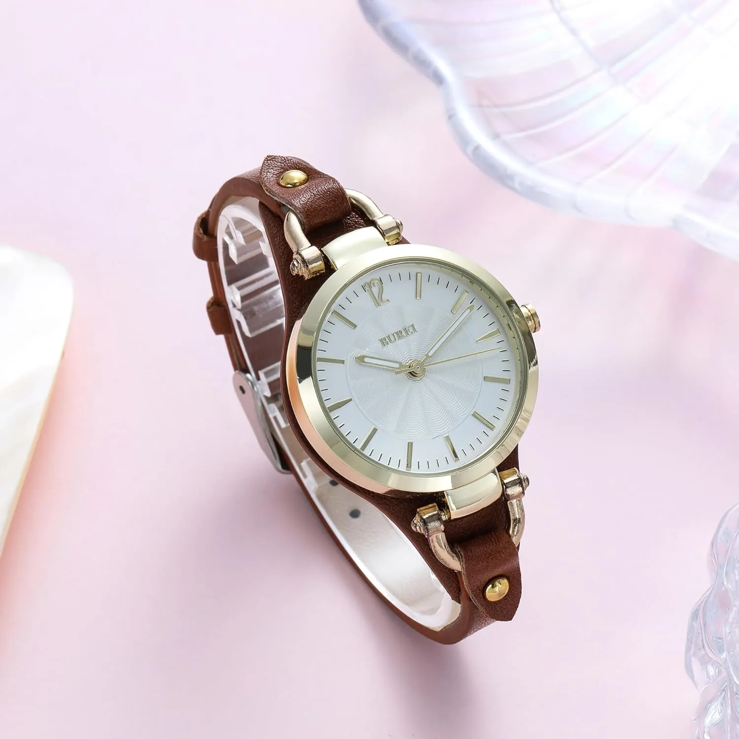 BUREI Women Watches Simple Leather Strap Quartz Watch Fashion Small Thin Ladies Watch Bracelet Band Wristwatch Relogio Feminino,Gift for Women(Brown and Black)