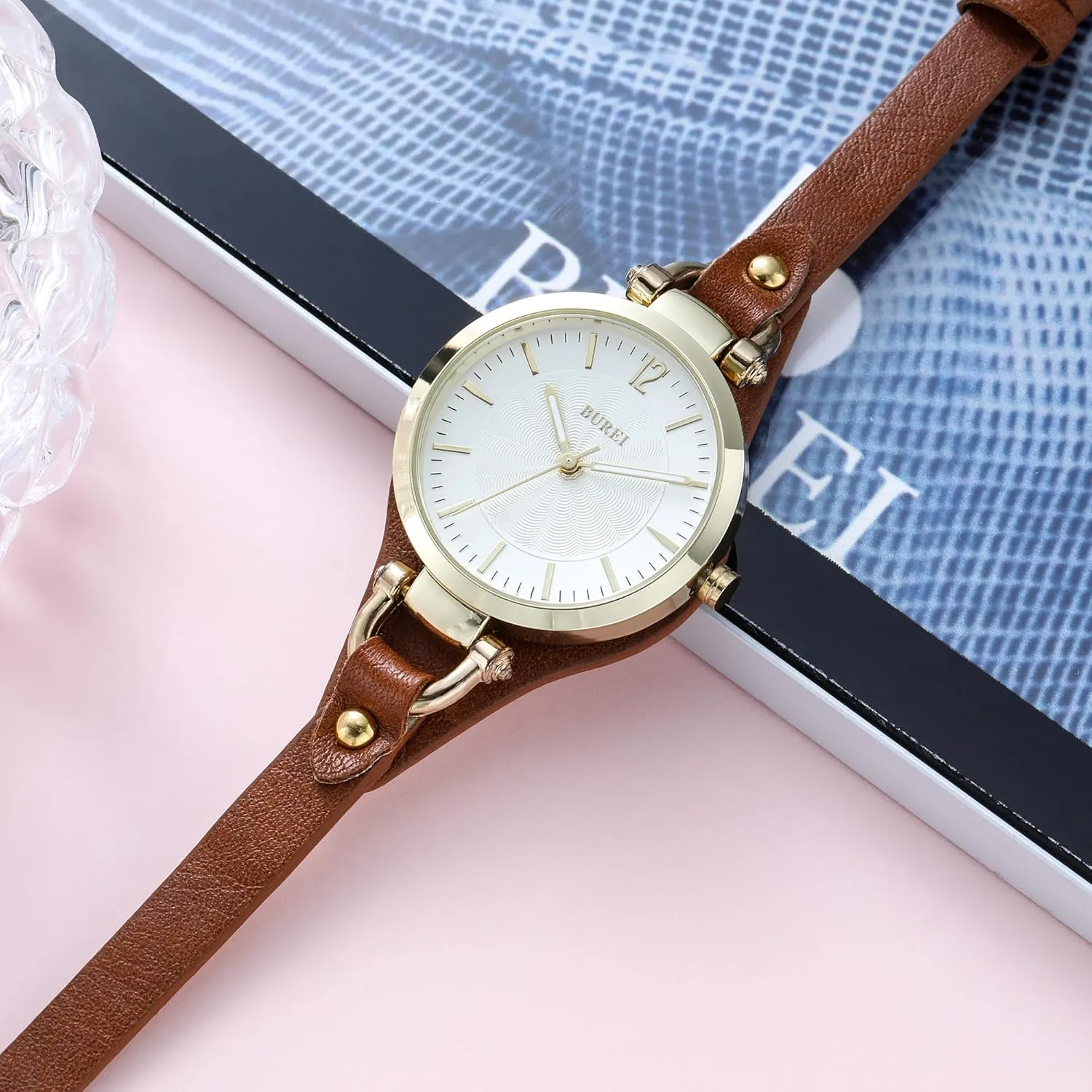 BUREI Women Watches Simple Leather Strap Quartz Watch Fashion Small Thin Ladies Watch Bracelet Band Wristwatch Relogio Feminino,Gift for Women(Brown and Black)