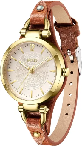 BUREI Women Watches Simple Leather Strap Quartz Watch Fashion Small Thin Ladies Watch Bracelet Band Wristwatch Relogio Feminino,Gift for Women(Brown and Black)