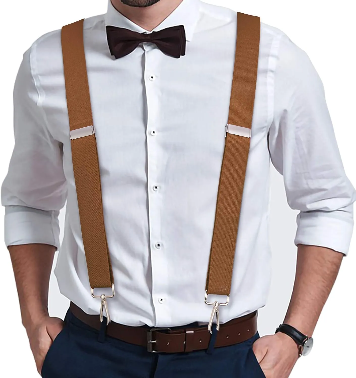 Buyless Fashion Suspenders for Men - 48" Elastic Adjustable Straps 1 1/4" - X Back with Metal Hooks