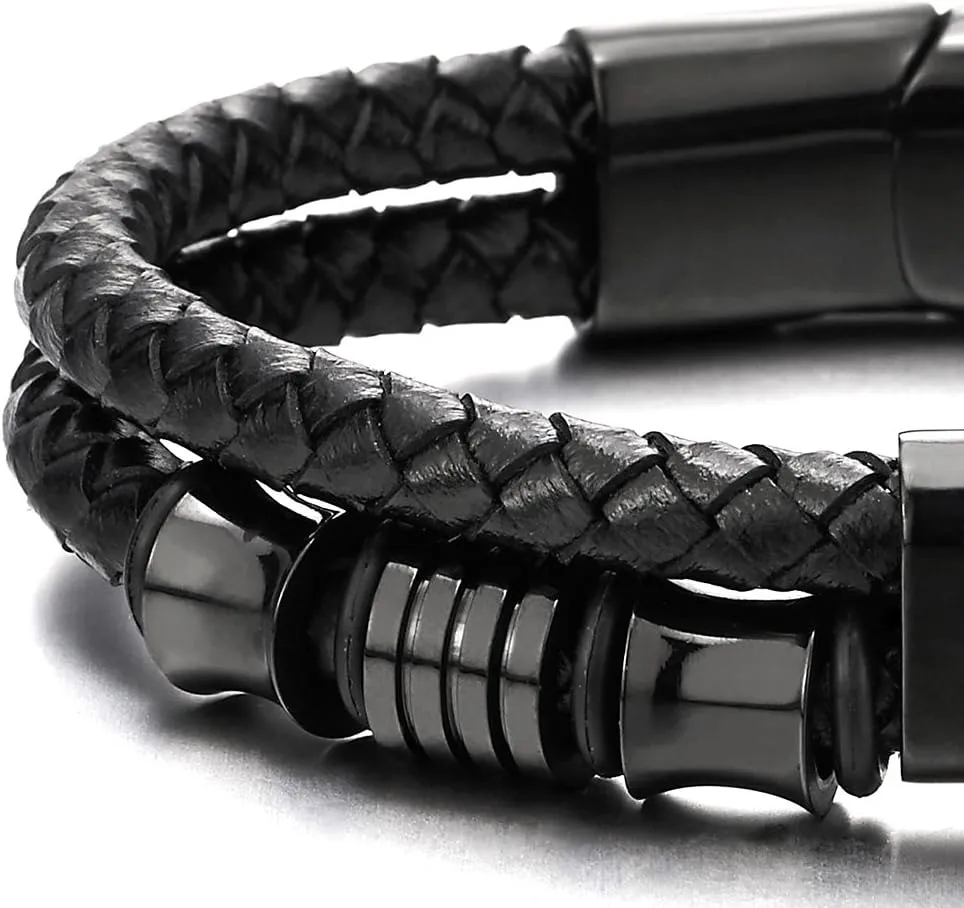 COOLSTEELANDBEYOND Mens Double-Row Braided Leather Bracelet Bangle Wristband with Stainless Steel Ornaments