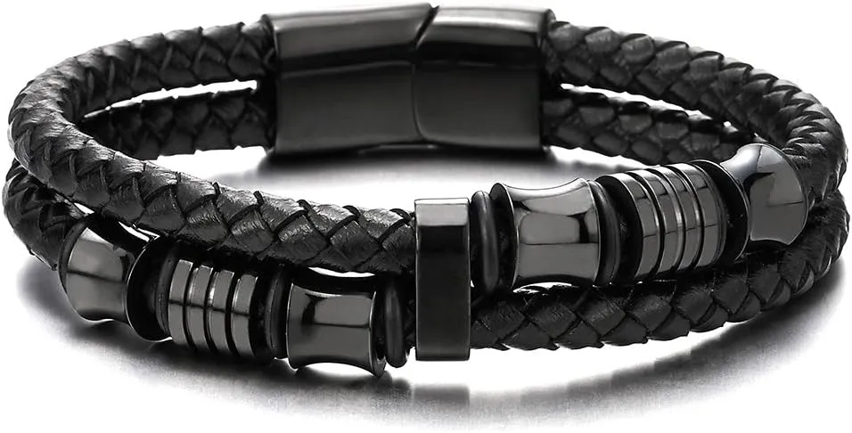 COOLSTEELANDBEYOND Mens Double-Row Braided Leather Bracelet Bangle Wristband with Stainless Steel Ornaments