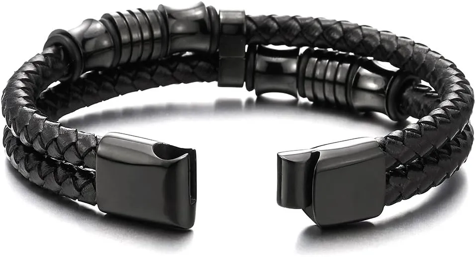 COOLSTEELANDBEYOND Mens Double-Row Braided Leather Bracelet Bangle Wristband with Stainless Steel Ornaments