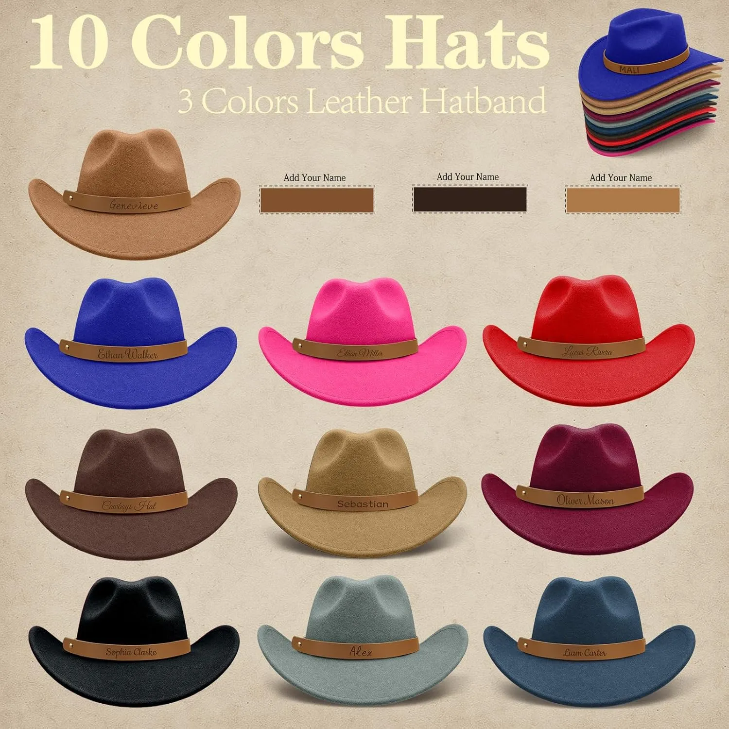 Custom Toddler Cowboy Hat for Boys Girls Personalized Name Western Hat with Leather Hatband for Men 10 Colors