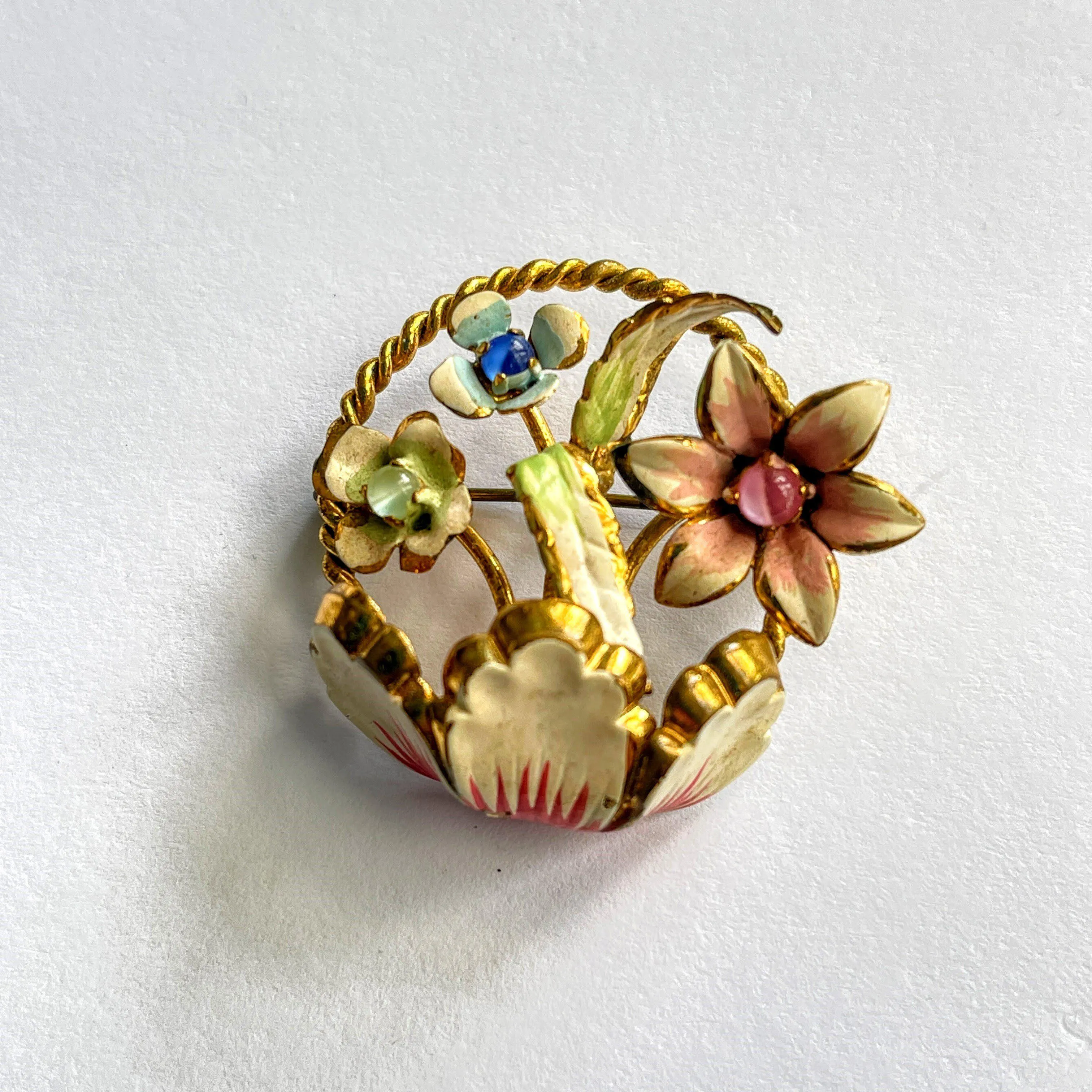 Enamelled Austrian Basket of Flowers 50's Brooch