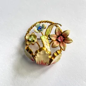 Enamelled Austrian Basket of Flowers 50's Brooch