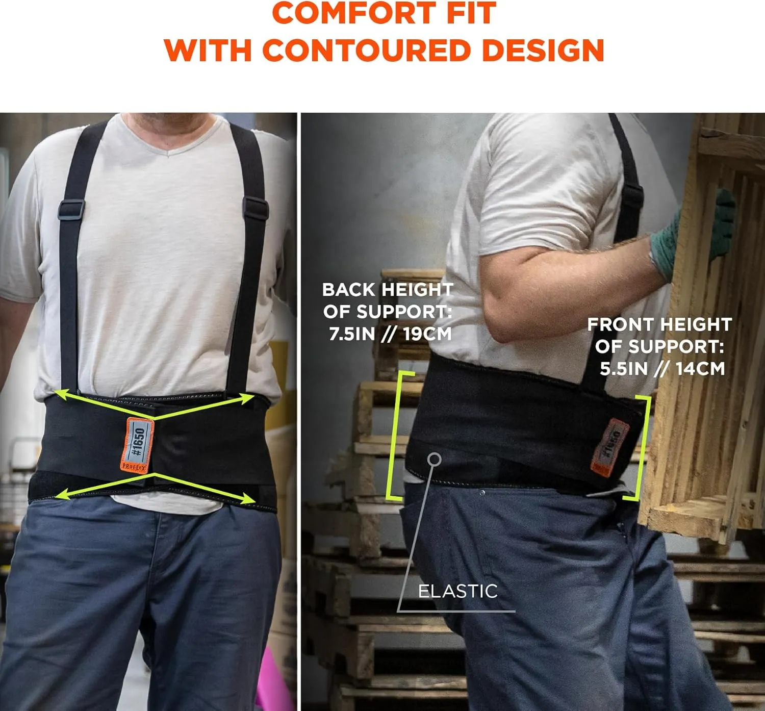 Ergodyne ProFlex 1650 Back Support Belt, 7.5" Elastic, Adjustable, Removeable Straps, XL