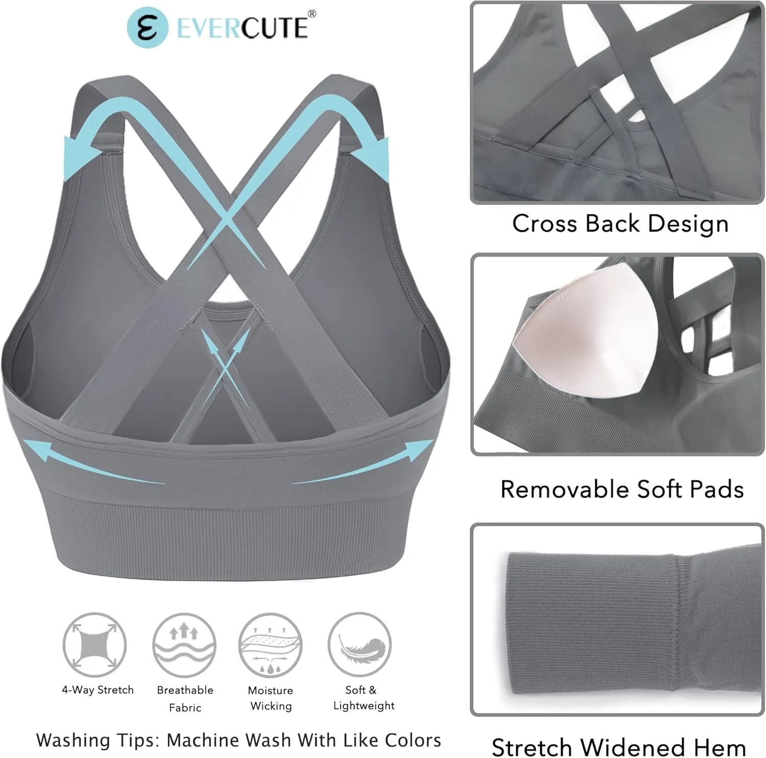 Evercute Sports Bra for Women Padded Medium Support Criss Cross Strappy Bras Seamless High Impact Yoga Exercise Athletic Bras