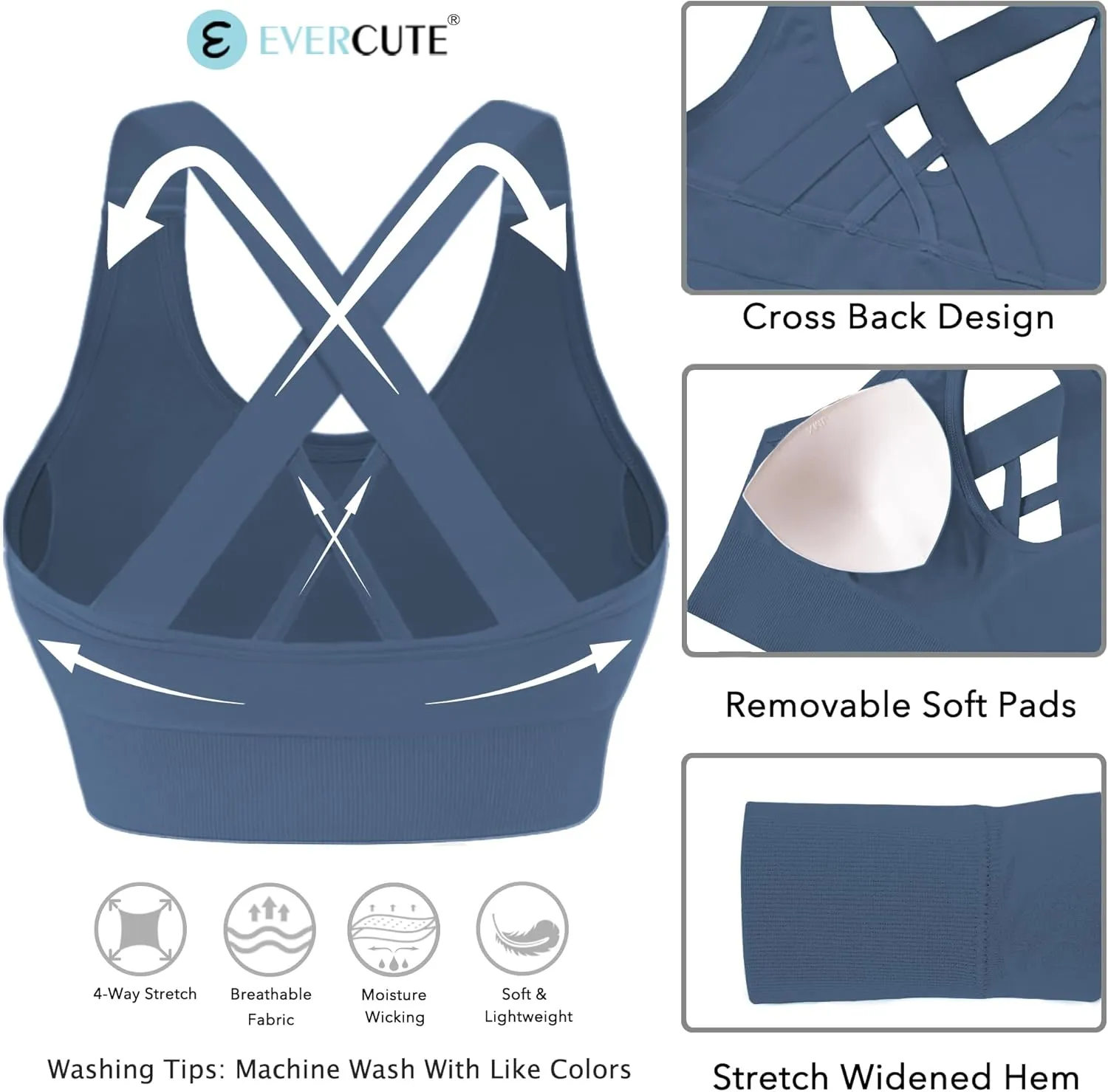 Evercute Sports Bra for Women Padded Medium Support Criss Cross Strappy Bras Seamless High Impact Yoga Exercise Athletic Bras