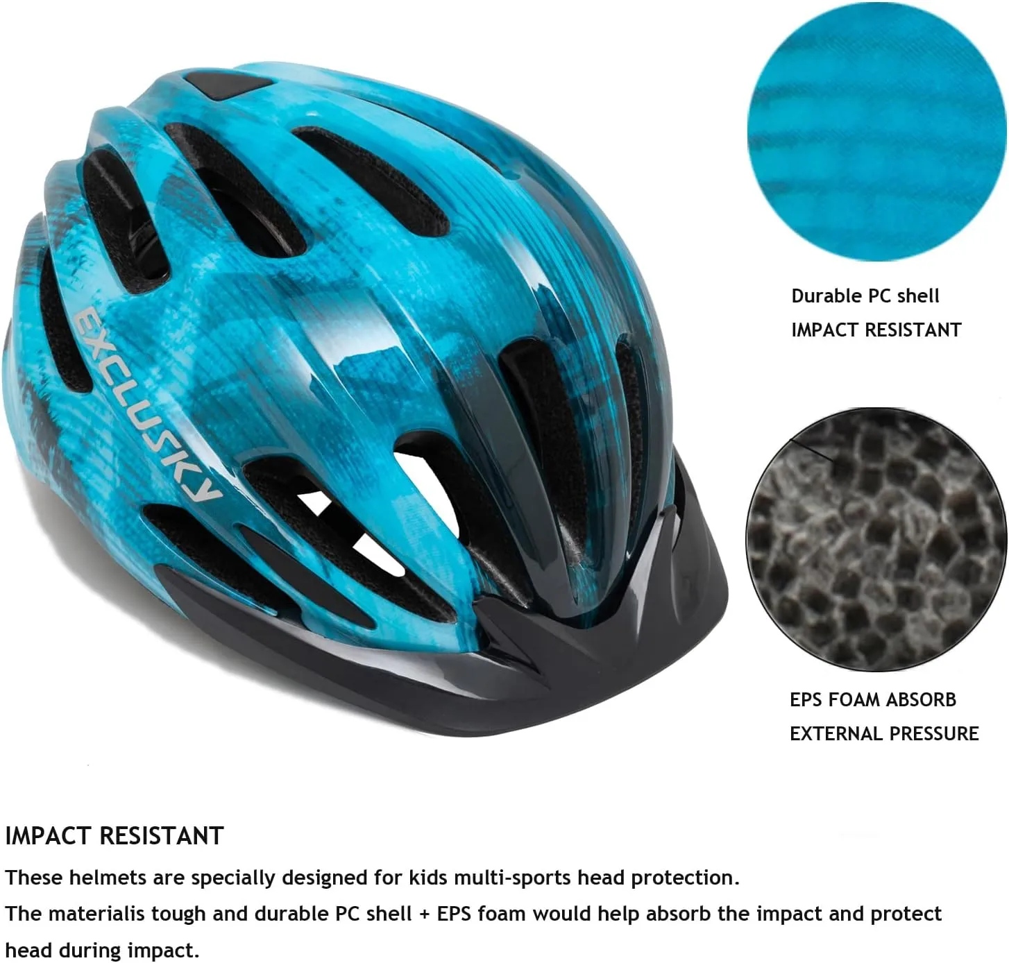 Exclusky Kids Bike Helmet with LED Light  Adjustable Multi-Sport Youth Helmet for Boys & Girls, Ages 5-12, Fits 50-57cm, Cycling Safety Gear