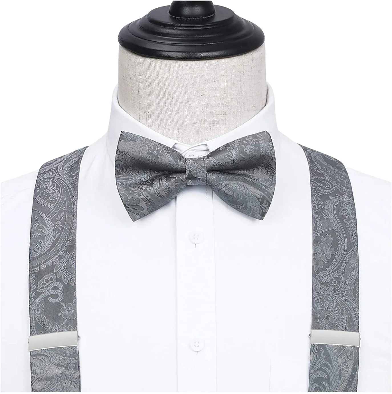 Floral Paisley Suspender Pre-Tied Bow Tie Handkerchief - C16-GRAY
