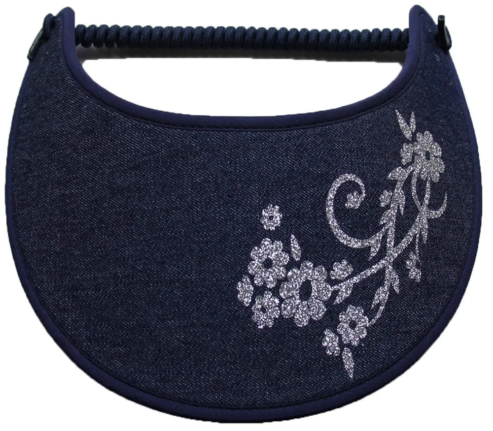 Flowers in Silver Glitz on Dark Denim Sun Visor