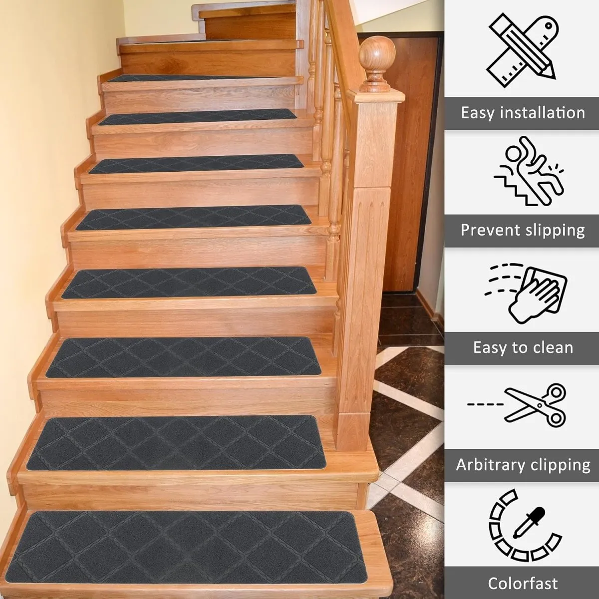 Grey Carpet Stair Treads 8"x 30" - 14-Pack | Non-Slip, Removable, and Washable | Ideal for Pets and Elders"
