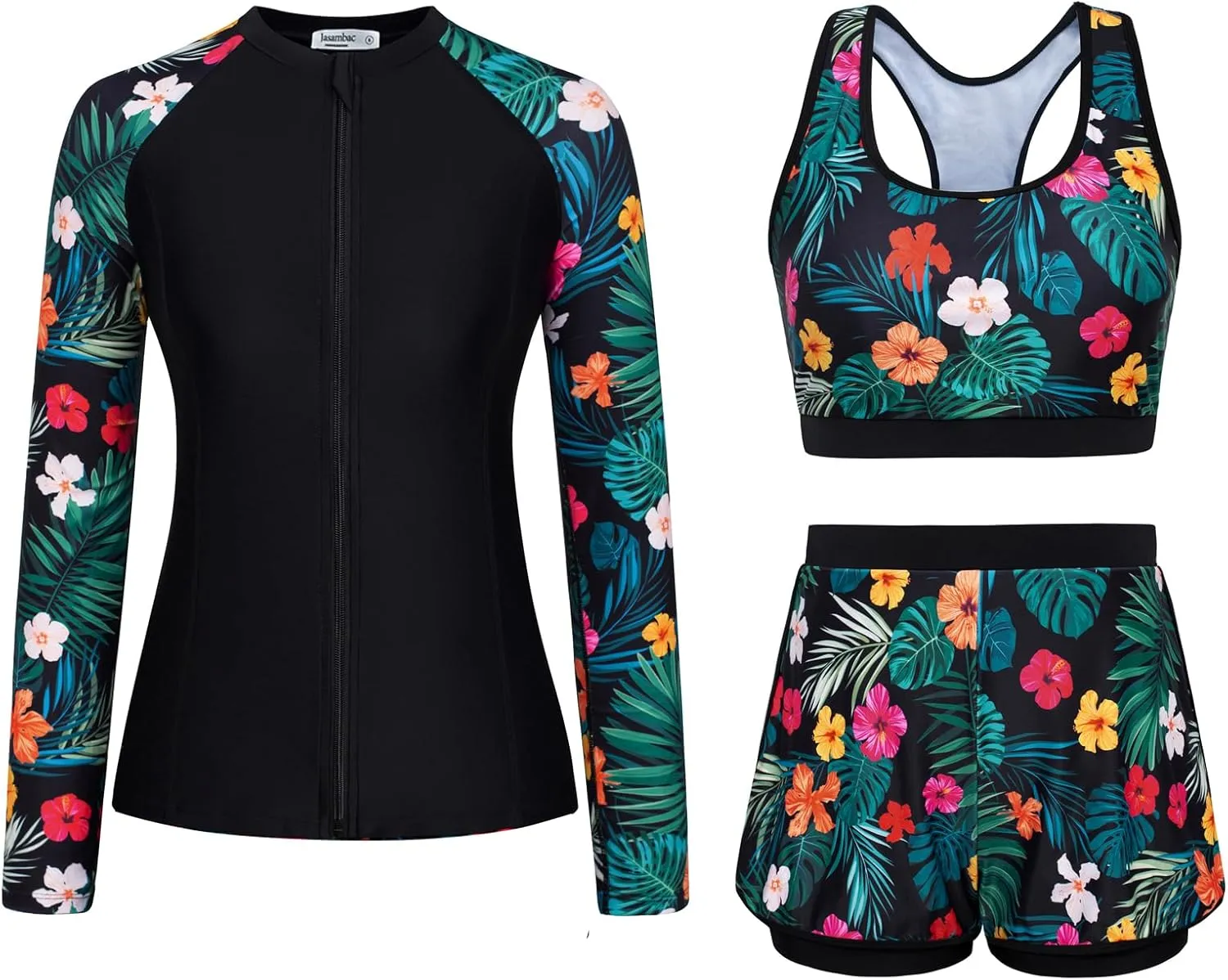 JASAMBAC Women's 3 Piece Rash Guard Long Sleeve Swimsuits with Boyshorts Zip Up UPF 50  Swim Shirt Built in Bra