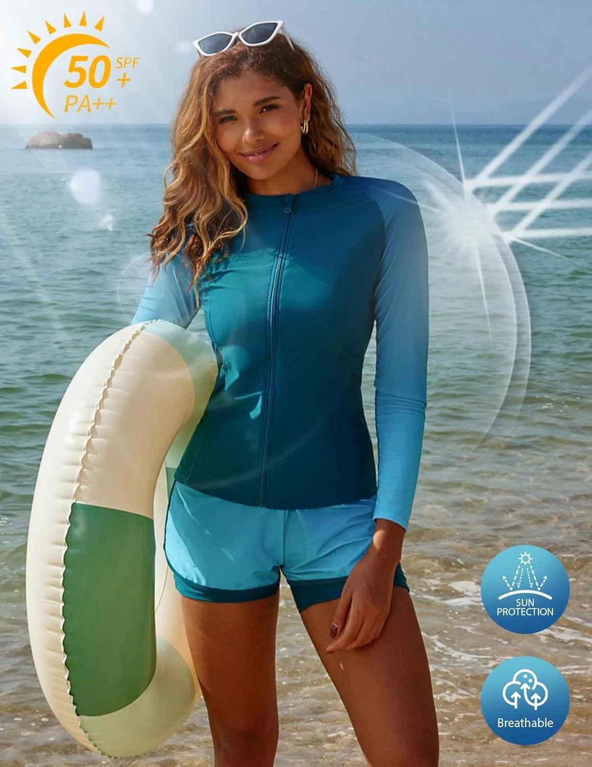 JASAMBAC Women's 3 Piece Rash Guard Long Sleeve Swimsuits with Boyshorts Zip Up UPF 50  Swim Shirt Built in Bra