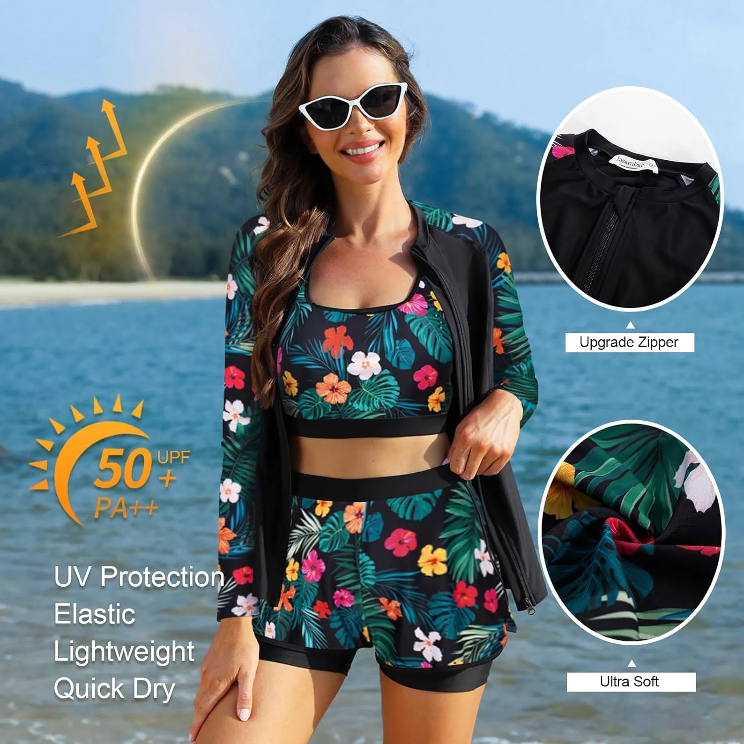 JASAMBAC Women's 3 Piece Rash Guard Long Sleeve Swimsuits with Boyshorts Zip Up UPF 50  Swim Shirt Built in Bra