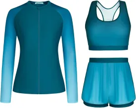 JASAMBAC Women's 3 Piece Rash Guard Long Sleeve Swimsuits with Boyshorts Zip Up UPF 50  Swim Shirt Built in Bra