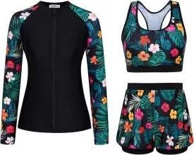 JASAMBAC Women's 3 Piece Rash Guard Long Sleeve Swimsuits with Boyshorts Zip Up UPF 50  Swim Shirt Built in Bra