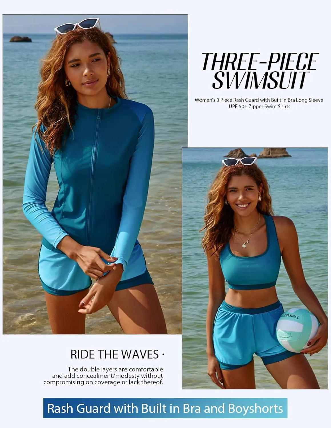 JASAMBAC Women's 3 Piece Rash Guard Long Sleeve Swimsuits with Boyshorts Zip Up UPF 50  Swim Shirt Built in Bra