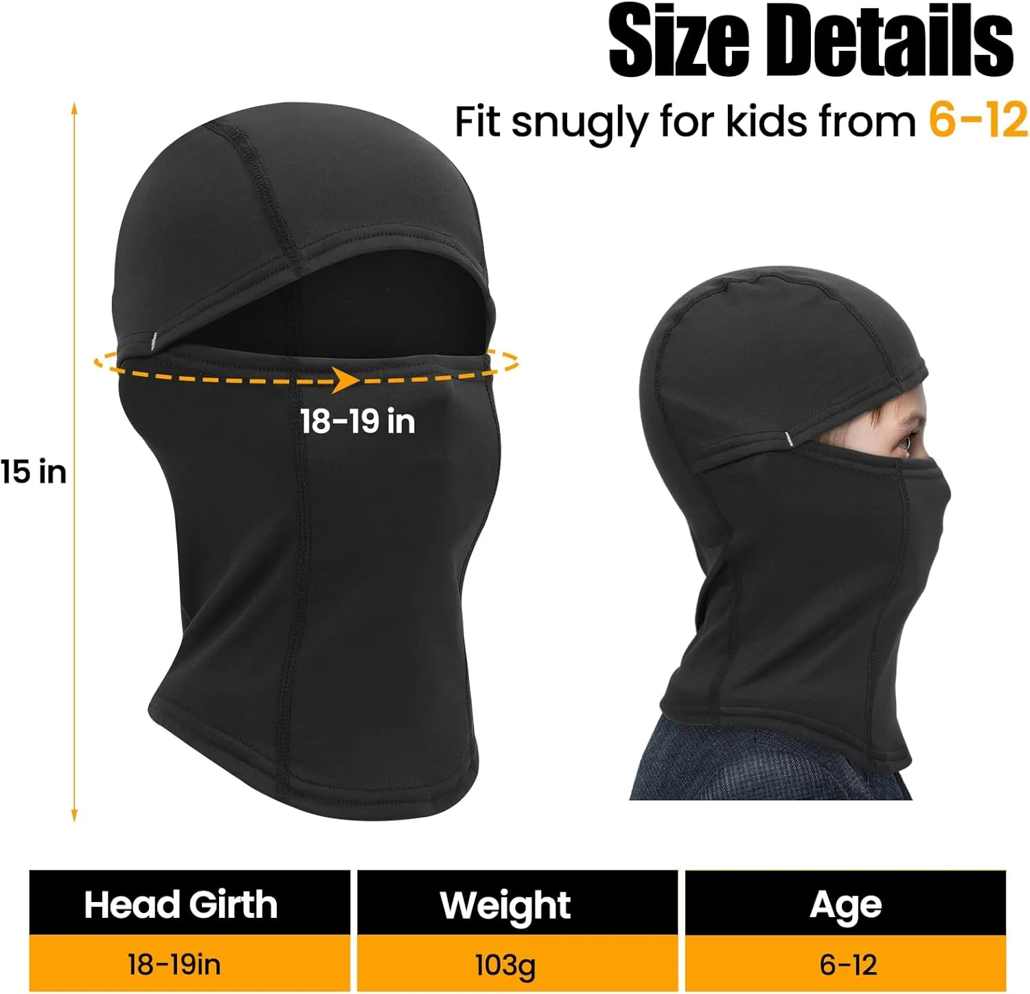 Kids Balaclava Ski Mask Scarf, Kids Fleece Gaiter Cold Weather Full Face Mask for Boys & Girls - Black