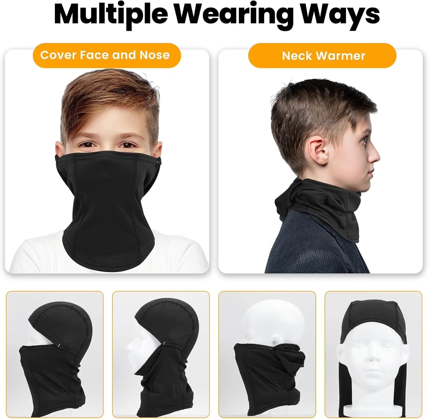Kids Balaclava Ski Mask Scarf, Kids Fleece Gaiter Cold Weather Full Face Mask for Boys & Girls - Black