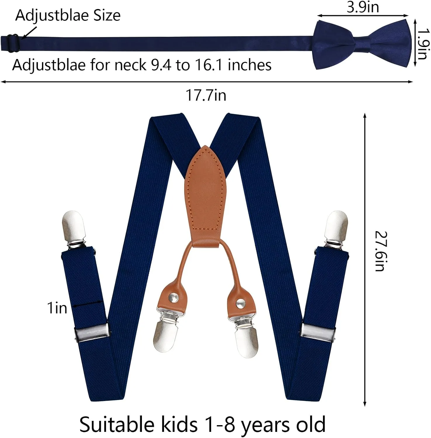 Kids Boys Suspenders Bowtie Sets Adjustable Suspenders and Pre-tied Bow Tie with 4 Strong Metal Clips for Boys Girls