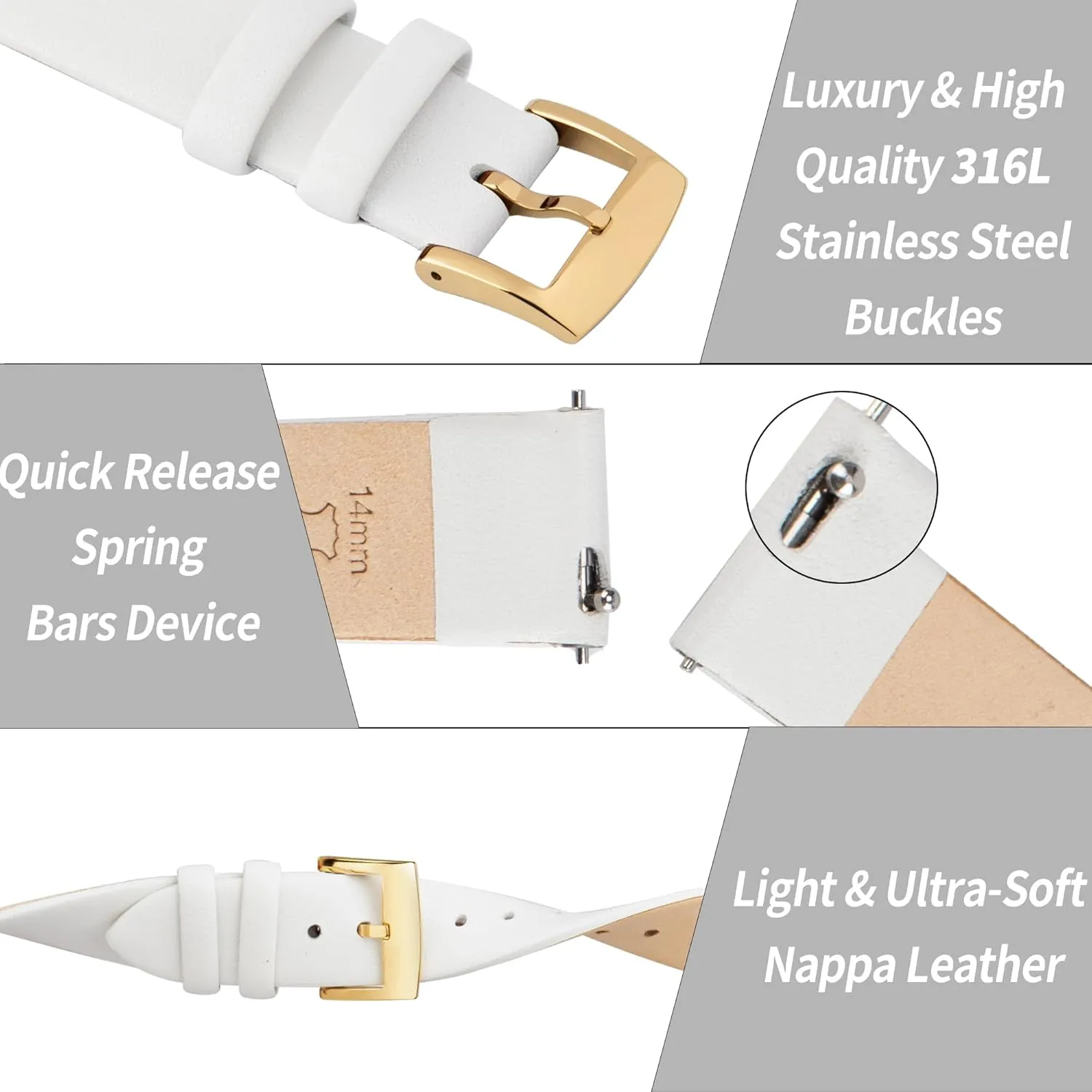 Leather Watch Bands Quick Release Watch Straps, Elegant & Ultra-Soft Top Grain Leather Watch Band for Women Men, Choice of Color & Width - 12mm 14mm 16mm 18mm 20mm 22mm for Watch & Smartwatch