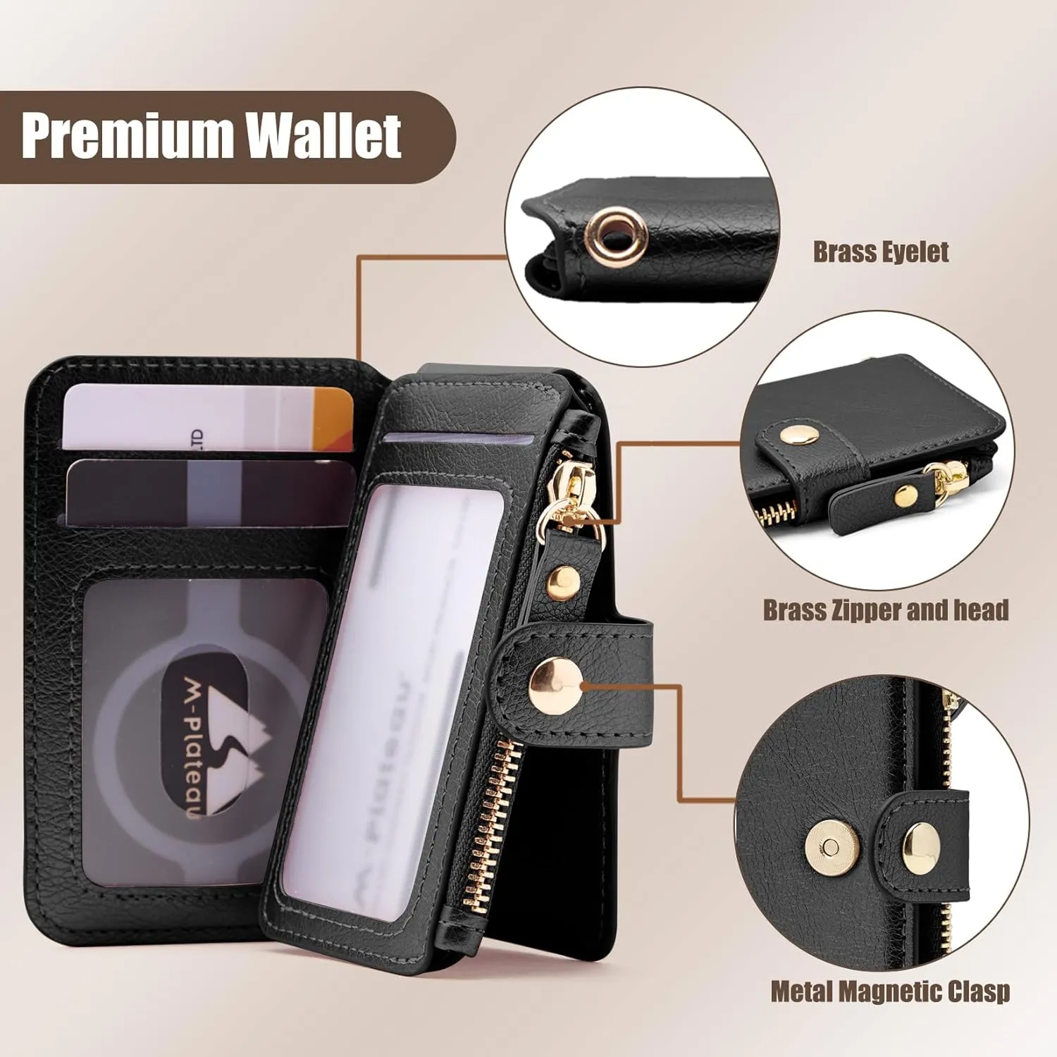 M-Plateau Womens Wallet PU Leather Keychain Wallet With Zipper Coin Pocket And ID Window and Removeable Wrist Strap Gift Box (Black)