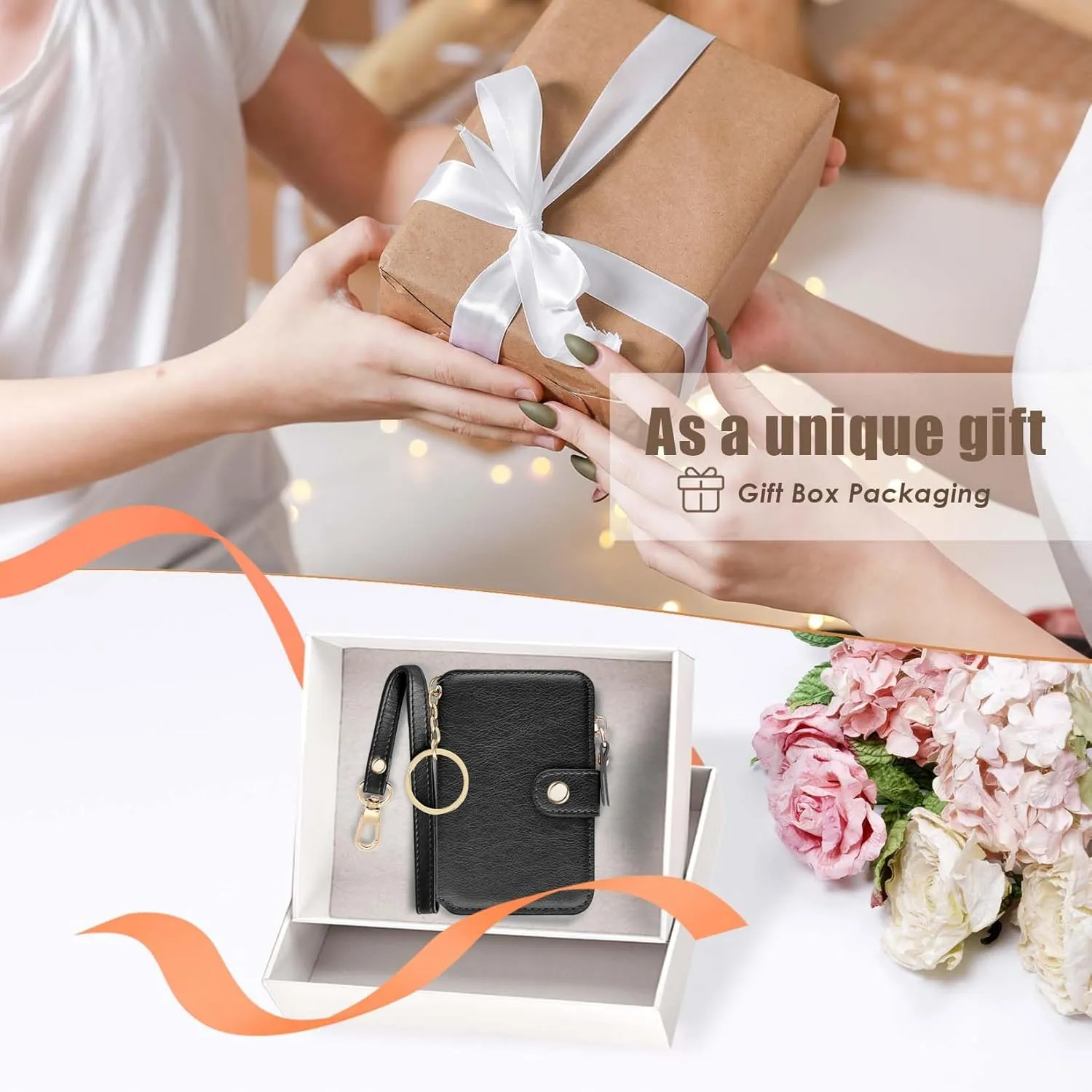 M-Plateau Womens Wallet PU Leather Keychain Wallet With Zipper Coin Pocket And ID Window and Removeable Wrist Strap Gift Box (Black)